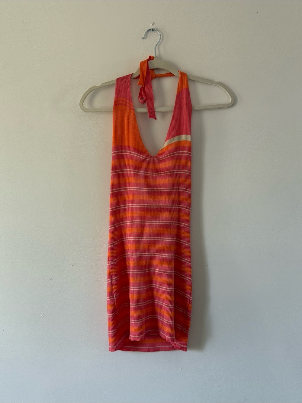 Y2K Pink Orange Striped Halter Knit Mini Dress Barbie Summer Beach Size Medium